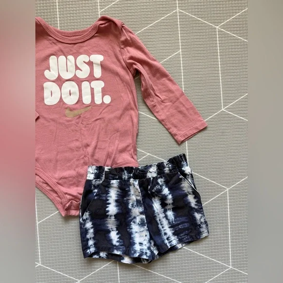 Nike|Baby girl/toddler set,mauve Pink "Just Do It” Bodysuit & Navy Tie-Dye Short - Picture 2 of 5